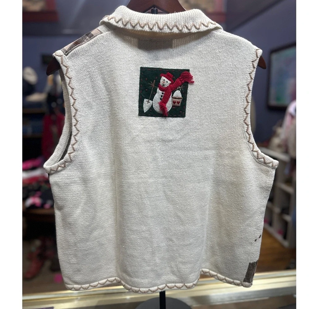 90s Star Blue Originals Cream Brown Storybook Winter Snowman Patchwork Vest XL - Picture 3 of 4
